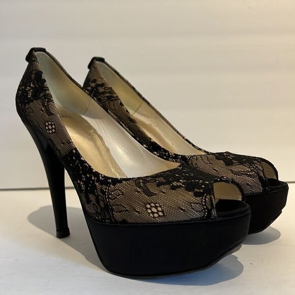 Stuart Weitzman Lillie Nude Luxe Lace Peep Toe Platform Heels Size 10 - Picture 2 of 16